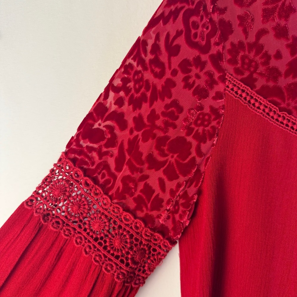 Sundance Red Velvet Burnout and Lace Detail Blouse, Bohemian, Whimsigoth Western - Picture 5 of 12